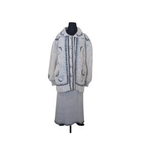 Christie of California Grey/Blue Embroidered Angora Cardigan Skirt Set Size XL